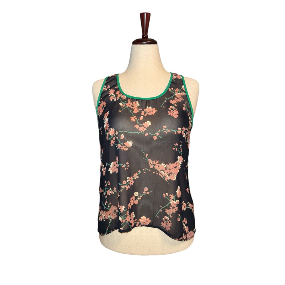 B Jewel navy floral high low sheer racerback boho sheer blouse tank size M